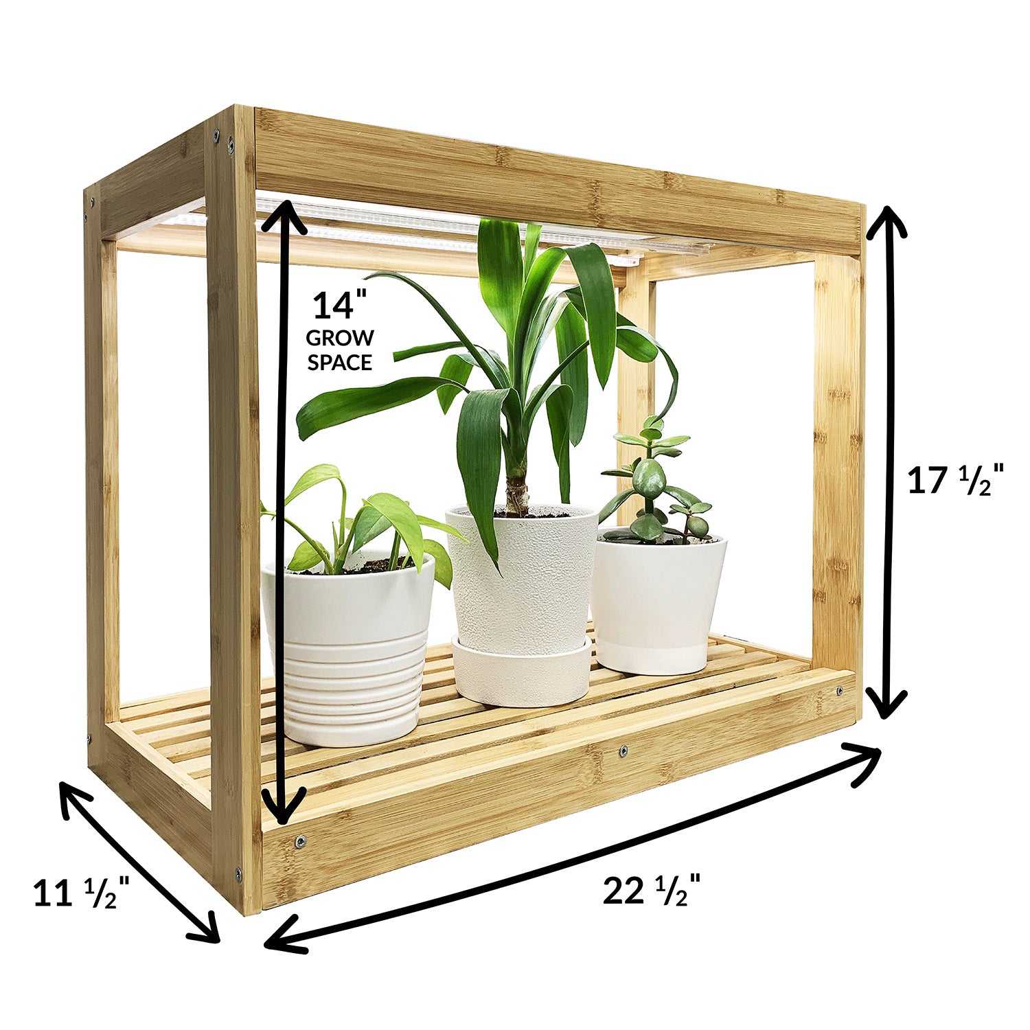 A bamboo indoor growhouse with LED lights, featuring a black planter box.